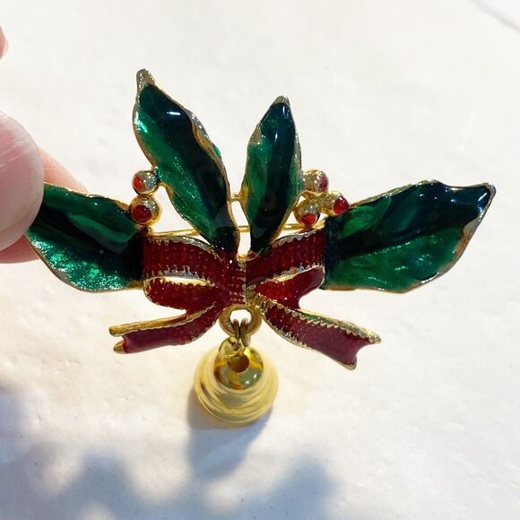 Christmas Brooch Goldtone Red & Green Enamel Festive Holly Sprig & Bell Pin - Picture 5 of 7